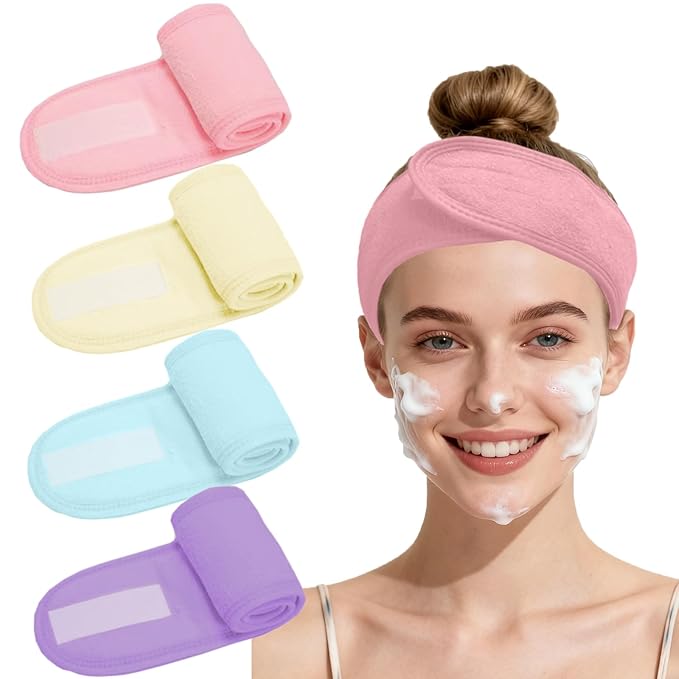 4 Pack Adjustable Makeup Headbands – Non-Slip Spa & Facial Hair Wrap, Washable Headband for Shower, Yoga, Gym, Salon & Home Use (Fits All),HZFD-BB