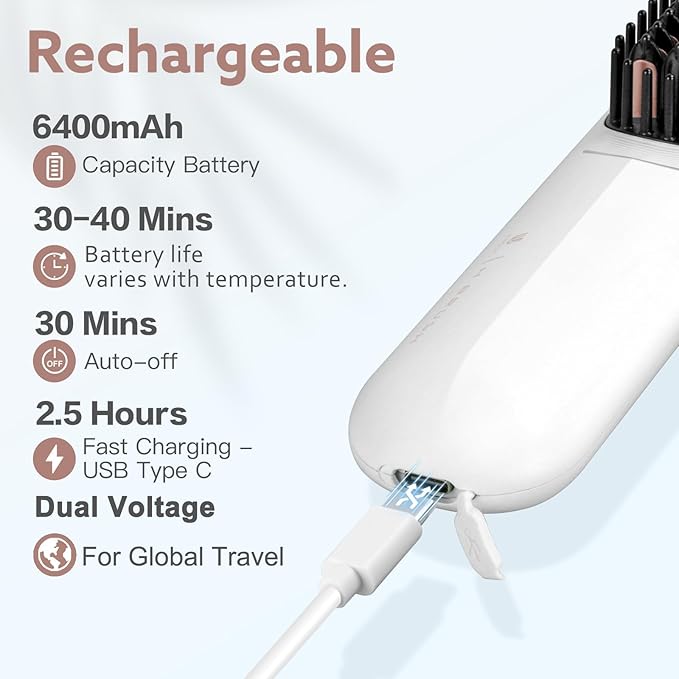 Cordless Hair Straightener Brush - [200M Negative Ions] Webeauty Portable Straightening Brush for Women, Fast Heating Straightener Mini Travel Europe Dual Voltage Car Outdoor USB Rechargeable, White