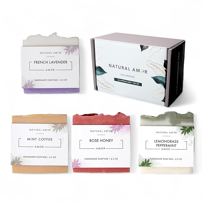 Natural Amor Handmade Soap Bar Set (4 Pack), Cold Process, Natural Ingredients Gift Box for Women, Moisturizing Body & Face Bars, Spa Self Care Gift
