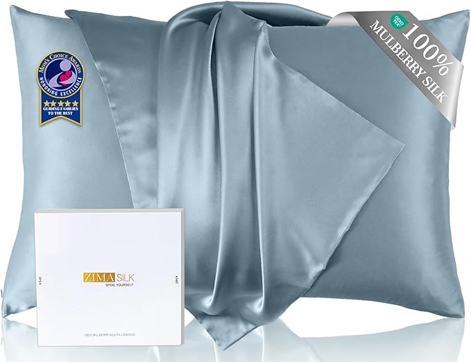 ZIMASILK Upgraded 100% Pure Mulberry Silk Pillowcase for Hair and Skin Silk Pillow Cases with Reinforced Hidden Zipper, More Soft & Durable Grade 6A Silk, Gift Box 1Pc (Standard 20"x26", Light Blue)