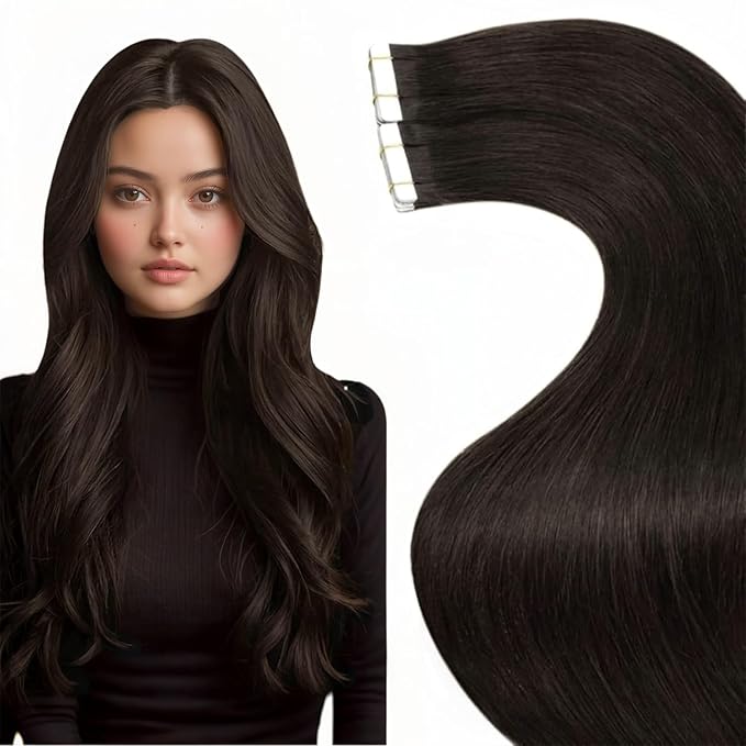 LaaVoo Human Hair Tape in Extensions Brown Tape in Hair Extensions Human Hair #2 Darkest Brown Hair Extensions Tape in Real Human Hair Soft Straight 24 Inch 50g 20pcs