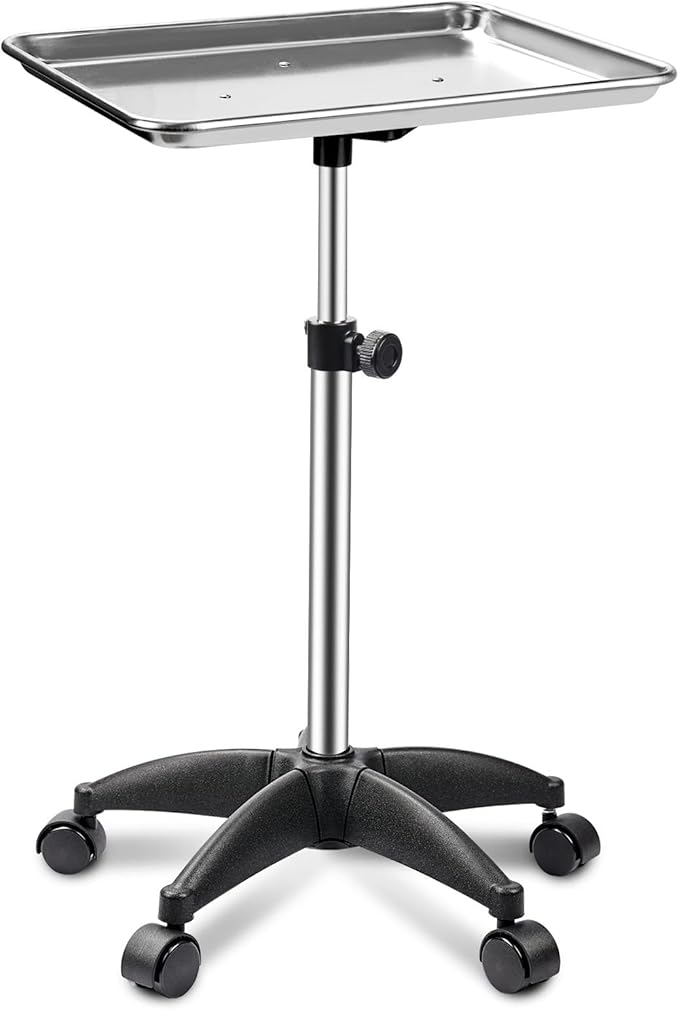 Rolling Salon Tray, Adjustable Salon Tray on Wheels, Premium Aluminum Tattoo Tray Cart for Spa Clinic, Silver