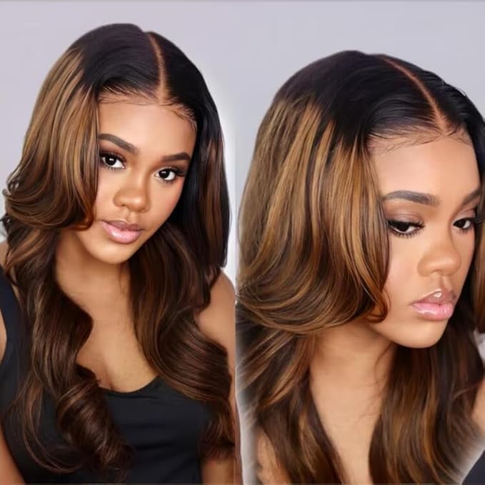 KLAIYI Ombre Brown Body Wave Lace Front Wigs Human Hair Highlight Balayage 13x4x1 T Part Ear to Ear Lace Wig Pre Plucked with Baby Hair Easy to Wear and Go Wigs for Black Women Natural Hairline 26Inch