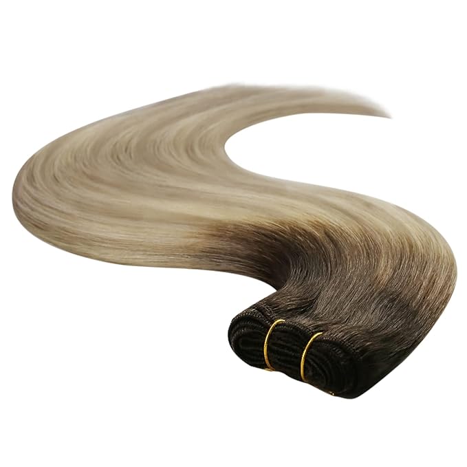 YoungSee Sew in Hair Extensions Real Human Hair Brown to Blonde Hair Extensions Weft Brown Ombre Golden Blond Mix Platinum Blonde Human Hair Weft Extensions Soft Remy Hair 18In 100G