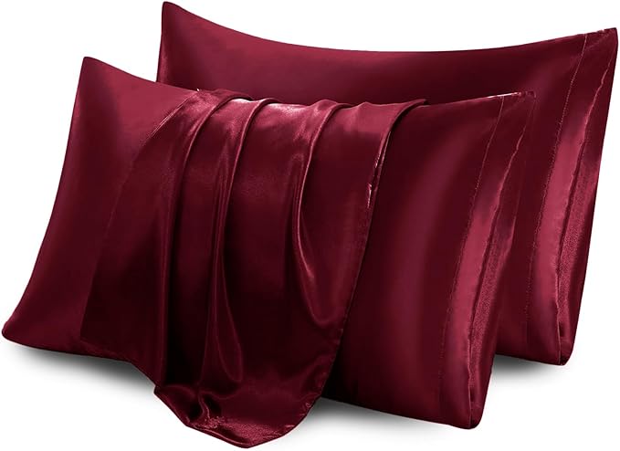 Aormenzy Satin Pillow Cases for Women Standard Size Set of 2, Burgundy Satin Pillowcase for Hair with Envelope Closure Silky Pillow Covers Wrinkle, Fade Resistant (20x26 Inches)