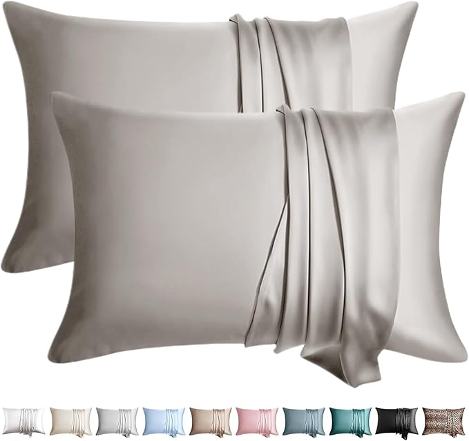 100% Silk Pillow Cases 2 Pack Standard Size Mulberry Silk Pillowcase for Hair and Skin Set of 2 Highest Grade 6A Silk Soft Breathable Cooling with Hidden Zipper, Grey
