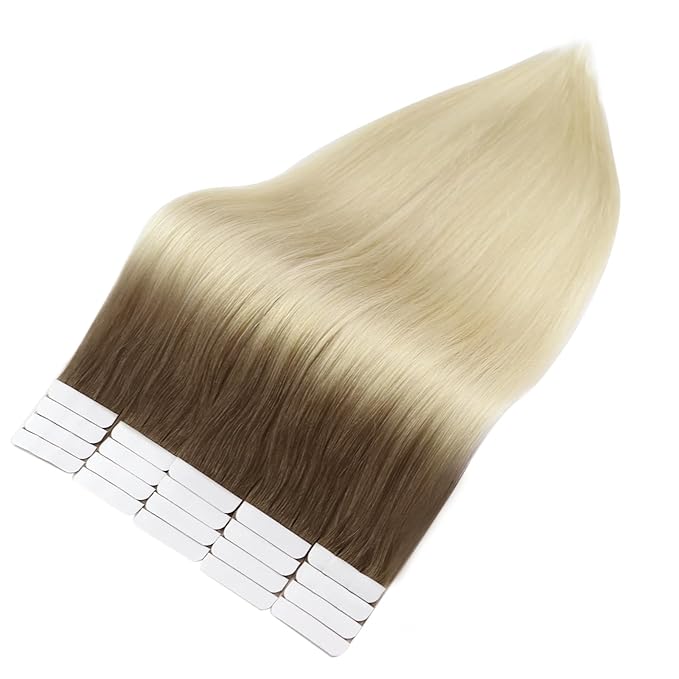 Full Shine Tape in Hair Extensions Human Hair 18 Inch Double Sided Tape in Extensions Remy Hair Color Ash Brown Ombre Platinum Blonde Balayage Tapes Extensions 20 Pcs 50G