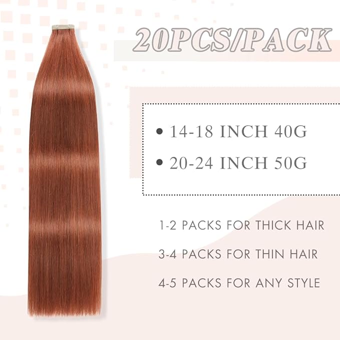 Tape in Hair Extensions Human Hair 20pcs Remy Hair Extensions 18 Inch Auburn Brown Straight Invisible Human Hair Tape in Extensions Skin Weft Tape Extensions Human Hair (#A33,18 Inch)