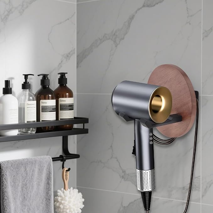 Wall Mounted Hair Dryer Holder, 5.1 Inch Round Shape Walnut Wood Shelf Aluminum Hairdryer Holder,Bathroom Hair Dryer Stand Drill Install (Round Shape Walnut Wood, 1)