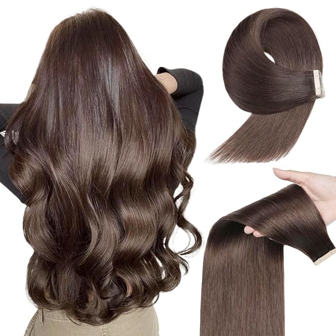Human Hair Tape in Extensions, Darkest Brown Hair Extensions Real Human Hair 20 Inch 20pcs Remy Straight Tape ins Invisible Tape in Hair Extensions Human Hair (2#,20 Inch)