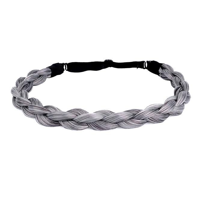 DIGUAN Chubby Narrow Synthetic Hair Braided Headband Classic Chunky Plaited Braids Elastic Stretch Hairpiece Women Girl Beauty accessory, 58g (Salt & Pepper)