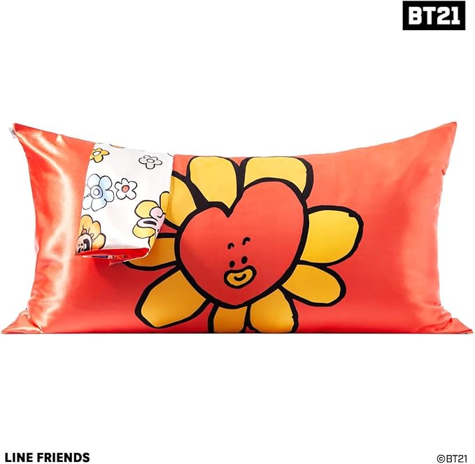 Kitsch x BT21 Satin Pillowcase with Zipper – Better Than Silk Pillowcase, Tata Character & Funky Floral Print – Soft Cooling Toddler Bed Time Pillow Case for Hair & Skin – King Size 19x36