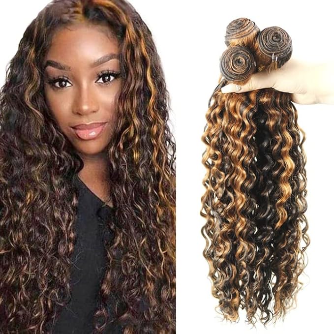 30 32 34 Inch P1B30 Bundles Human Hair Highlight Deep Wave Bundle Brazilian Virgin Remy Hair Extensions Niegmeag 2 Tone Black and Light Brown Deep Wave Bundle 300g