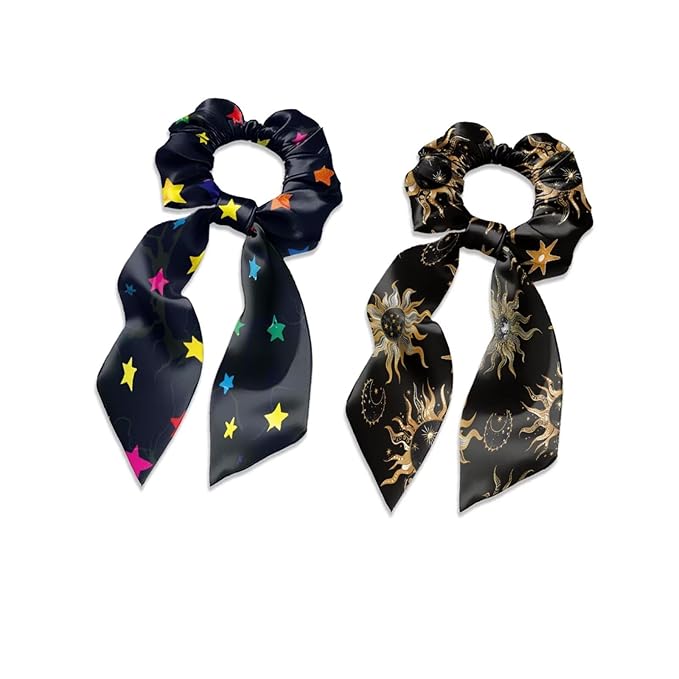 Colorful Star Sun Satin Hair Ties for Thick Curly Hair Black Elastic Hair Ties Knotted Ribbon Lightweight Scarf Scrunchies with Knot Pack of 2