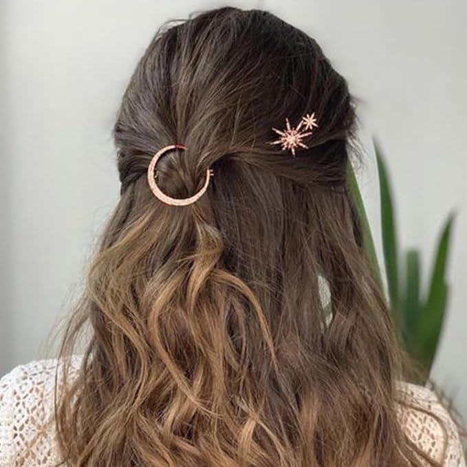 BARTOSI Moon Star Hair Clips Rose Gold Rhinestone Hair Pins Crystal Bobby Pins Bride Wedding Celestial Hair Accessories for Women and Girls (Pack of 3)
