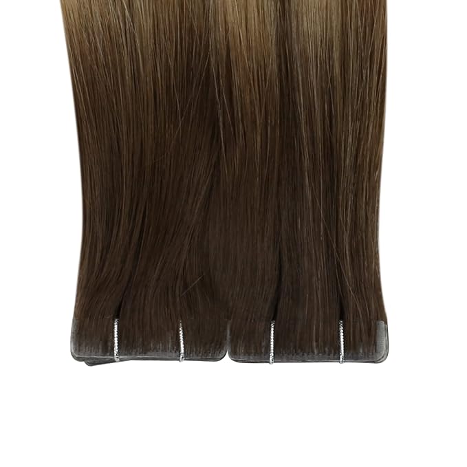 Full Shine Virgin Injection Tape in Hair Extensions 5Pcs Color 3 Brown Fading to 8 Ash Brown And 22 Blonde 14 Inch Seamless Intact Tape in Hair Remy Tape in Human Hair 10 Gram Natural Straight Hair