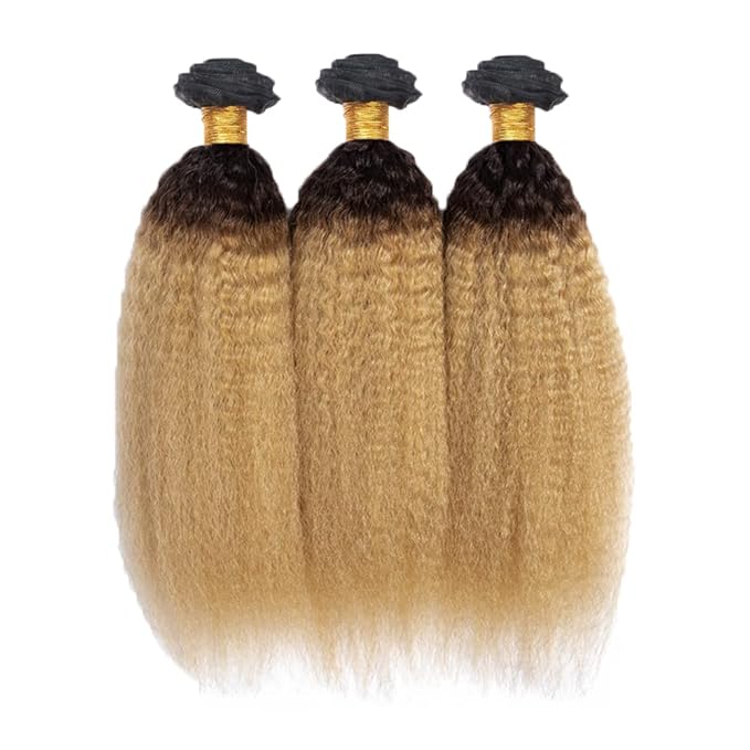 1B27 Human Hair Bundles Ombre Kinky Straight Bundles 22 24 26 Inch Niegmeag Virgin Remy Hair Extensions Double Weft 2 Tone Black and Honey Blonde Bundle 150g