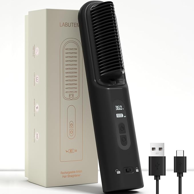 Hair Straightener Brush Cordless, 30s Fast Heating 300Million Negative Ions Hair Straightening Comb Frizz-Free with 6 Temps, 10000mAh Rechargeable Battery Portable for Women Travel Quick Touch-ups