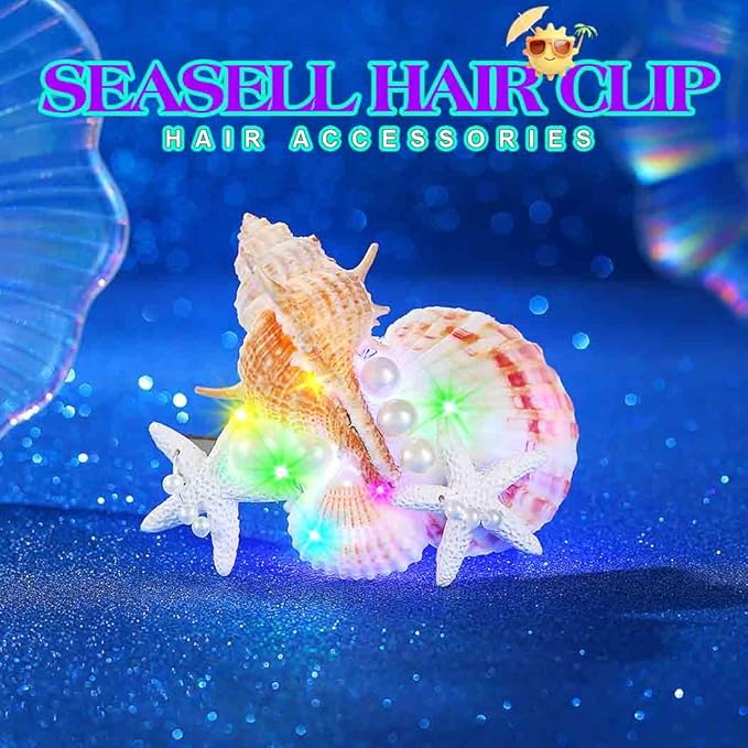 JAKAWIN Light Up Mermaid Hair Accessories Seashell Hair Clips Ocean Starfish Clip for Women