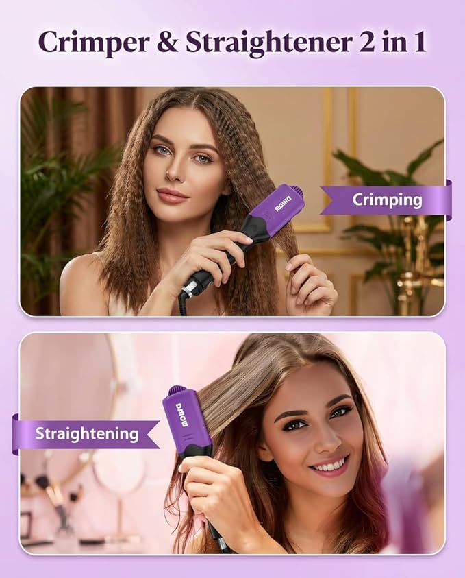 DSHOW 4 in 1 Hair Crimper Hair Waver Hair Straightener Curling Iron with 4 Interchangeable Titanium Ceramic Flat Crimping Irons Plates (Purple) (Blush)