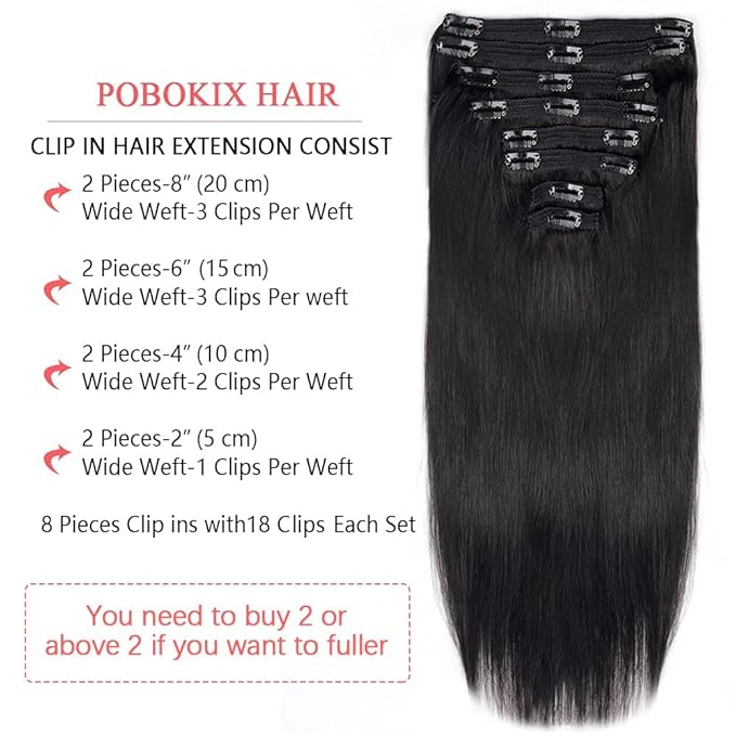 26Inch Clip in Hair Extensions Real Human Hair Straight 8Pcs Remy Hair Extensions Clip in Human Hair with 18Clips Double Lace Weft 120g Natural Black