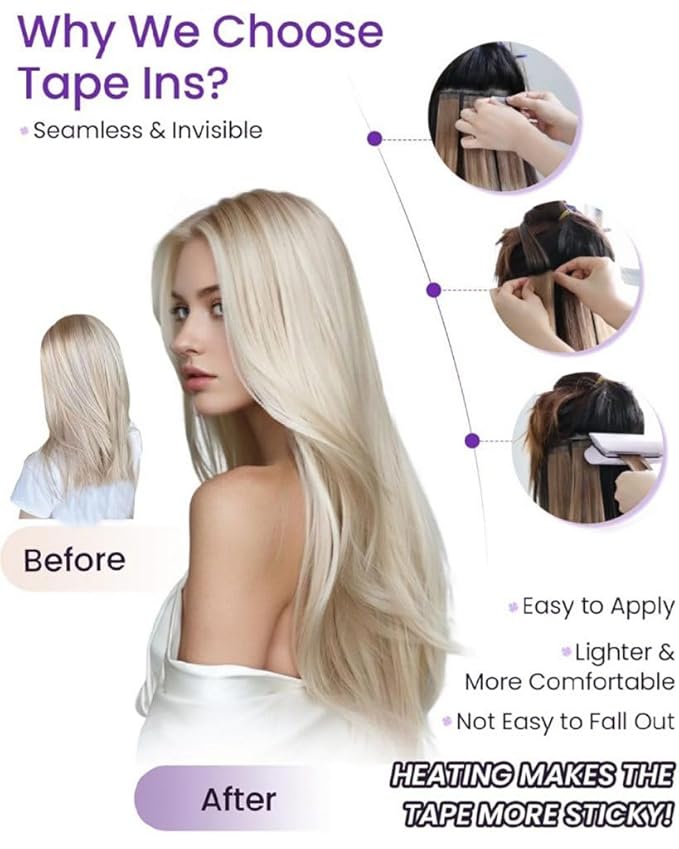 LaaVoo Tape in Hair Extensions Blonde Human Hair Tape in Extensions #60 Platinum Blonde Hair-Extension Tape on Real Human Short Hair 20pcs 40g 14 Inch