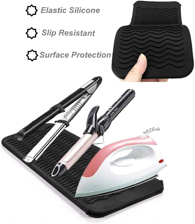 Heat Resistant Silicone Mat Pouch,Hair Styling Tools for Curling Irons, Flat Irons, Hair Straightener, 11.5 * 6 Inches, Food Grade Silicone, Black