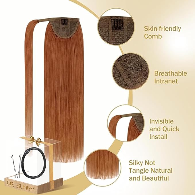 Ve Sunny Hair Extensions Ponytail Real Human Hair 80G Wrap Around Clip in Ponytail Hair Extensions Straight Extensions Human Hair for Women Copper 14inch