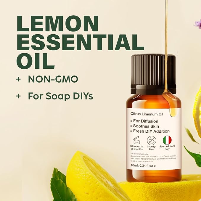 KUKKA Lemon Essential Oils - 0.34 Fl Oz - for Hair, Skin, Diffuser, Aromatherapy & DIY Soap Making Scent