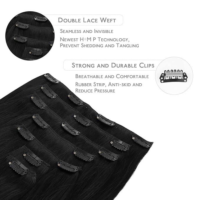 WENNALIFE Clip in Hair Extensions Real Human Hair, 24 Inch 140g 7pcs Remy Hair, Jet Black Straight Natural Extensiones De Cabello Humano Con Clip Ins