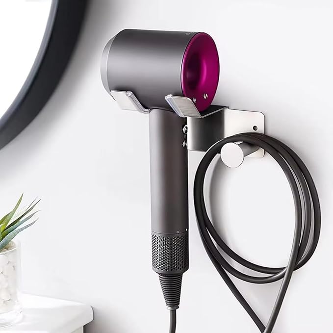 Hair Dryer Holder, Dyson Hair Dryer Holder, Blow Dryer Holder with Cord Hook SUS304 Stainless Steel Wall Mount, Self Adhesive/Screw Space Saving Hairdryer Holder for Bathroom Silver Ptalseaw