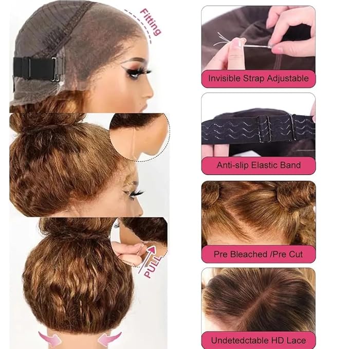 Hidden Strap Deep Wave 360 Lace Front Wigs Human Hair Highlight Ombre full lace Deep Curly Honey Blonde 4/27 Human Hair Wig with invisible drawstring Ombre 360 Glueless Wigs Human Hair 30 Inch