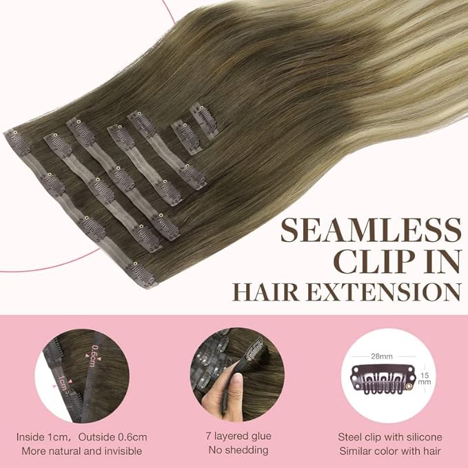 GOO GOO Clip in Hair Extensions Real Human Hair, Remy Human Hair Extensions Clip ins for Women, Natural Human Hair, 14inch 110g 7Pcs, 3/8/613 Balayage Walnut Brown to Ash Brown and Bleach Blonde