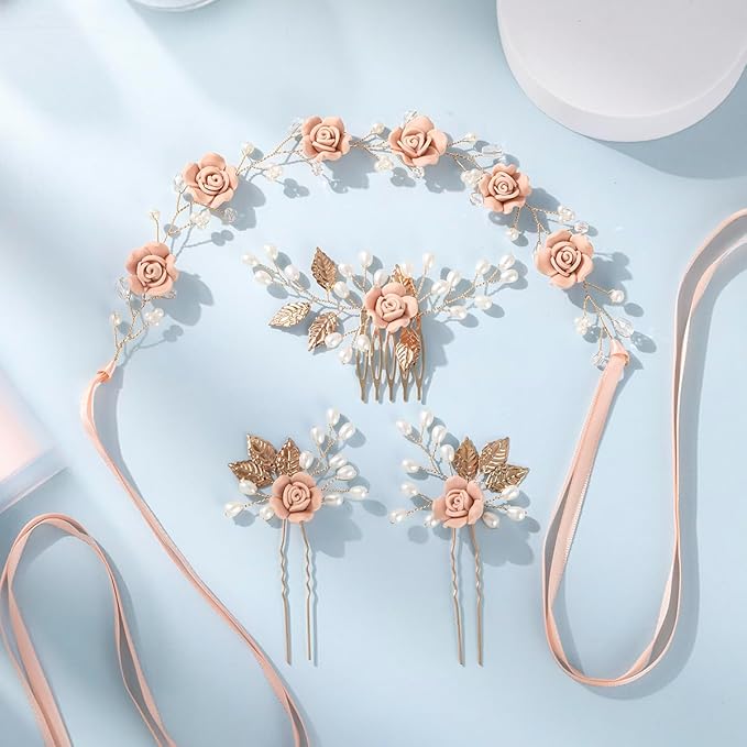 Wedding Hair Accessories Hair pieces Set Crystal bridal hair pins Rhinestone Pearl hair comb Brides and Bridesmaids, Girls, Women(（4PCS/SET PINK)