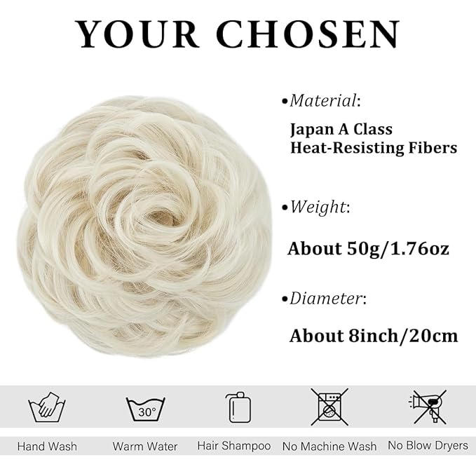 CJL HAIR Large Messy Bun Hair Piece Wavy Curly Scrunchies Synthetic Chignon Ponytail Hair Extensions Thick Updo Hairpieces for Women Platin Blonde