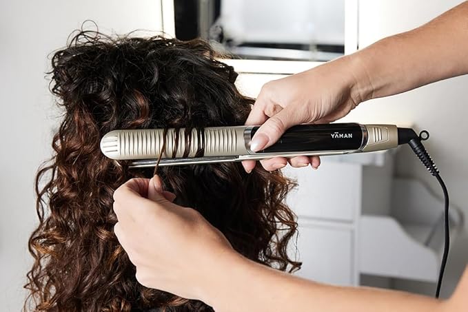 YA-MAN Spa Styler Straight + Wave Flat Iron Hair Straightener and Curler 2 in 1 - Advanced Japanese Technology, Dual Voltage, Titanium Tourmaline Plates with Red Light Therapy, 5 Heat Settings (Navy)