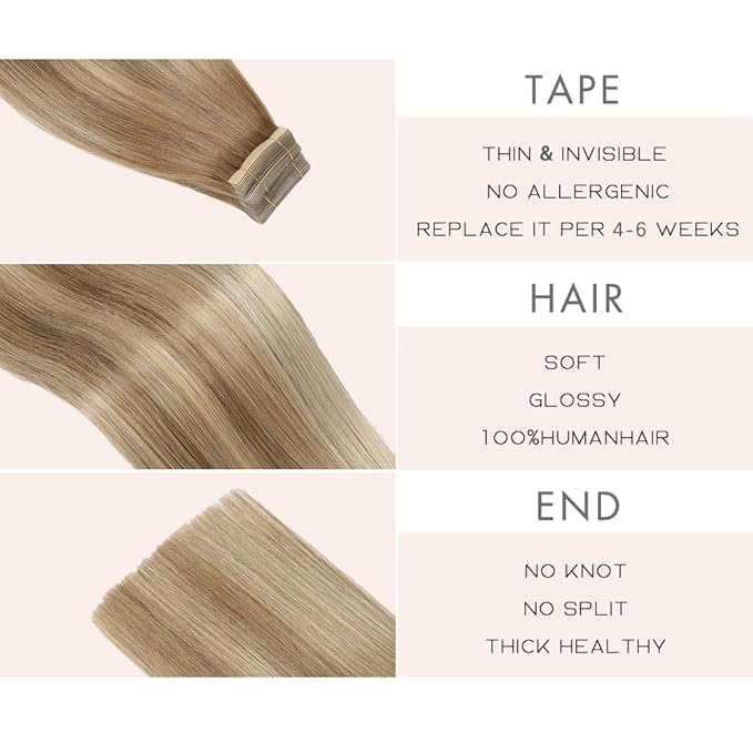 Tape in Hair Extensions Human Hair Balayage Medium Brown Mixed Dark Blonde Remy Hair Extensions 20pcs 14 Inch Skin Weft Straight Invisible Human Hair Tape in Extensions (10/10/22#,14 Inch)