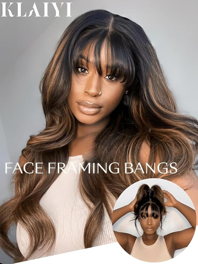 KLAIYI Ombre Brown Loose Body Wave Bye Bye Knots Glueless Precut 7x5 HD Lace Front Human Hair Bang Wig Drawstring Highlight Balayage Brown Pre Plucked Bleached 30S Ready to Wear and Go Wig 180% 26Inch
