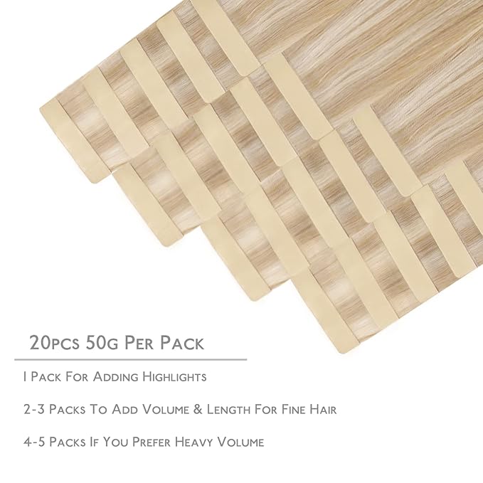 WENNALIFE Tape in Hair Extensions Human Hair, 20pcs 50g 14 inch Dirty Blonde Highlighted Bleach Blonde Remy Hair Extensions Straight Human Hair Tape in Extensions Skin Weft Extensions Hair