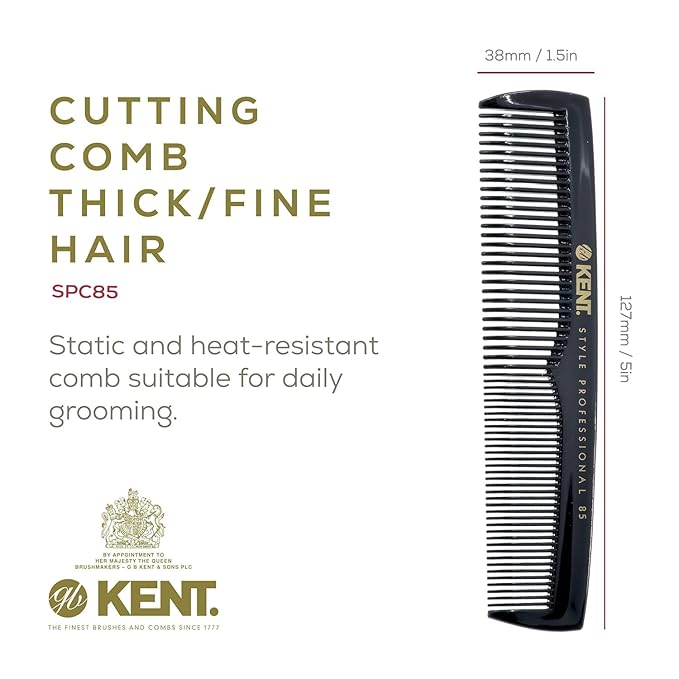 Kent SPC85 5 inch Salon-Style Dressing Cutting Comb with Wide and Fine Teeth Professional Barber Haircut Comb for Styling and Teasing, Hard Rubber, Anti-static, Unbreakable & Heat Resistant
