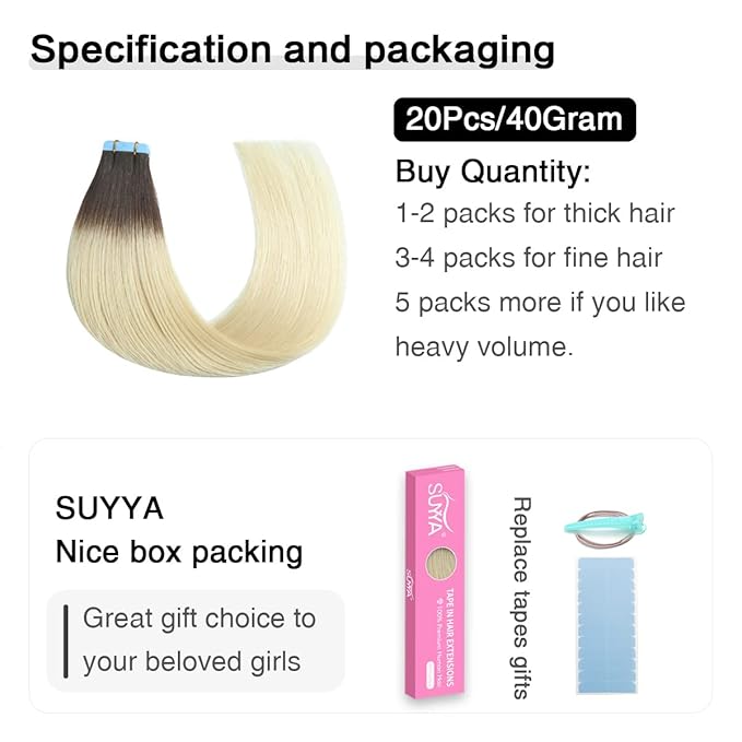 SUYYA Tape in Hair Extensions Human Hair Ombre Darkest Brown to Platinum Blonde 16 Inch 40g/pack 20pcs Straight Seamless Skin Weft Tape in Real Human Hair Extensions(16inch #T2/60)