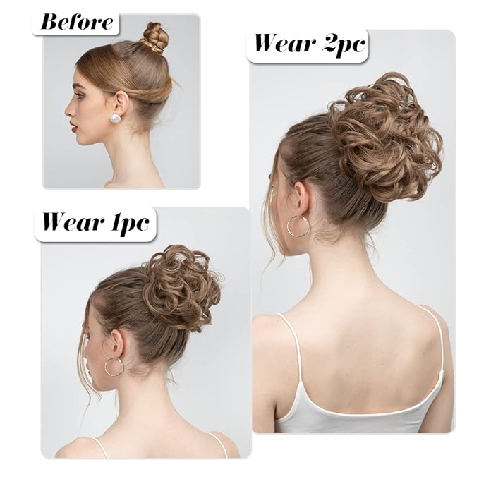 SARLA 2PCS Messy Hair Bun Hair Pieces Wavy Curly Synthetic Updo Fake Scrunchies Ponytail Extension for Women Pepper Grey