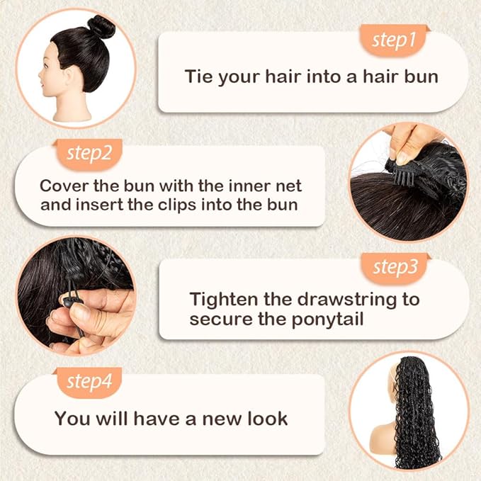 Drawstring Ponytail for Women 24 inch Boho Box Braids with Long Wavy Hair Ponytail Extension Natural Black Synthetic Hair Extensions Ponytail for Daily Use (1B#, 24 Inch)