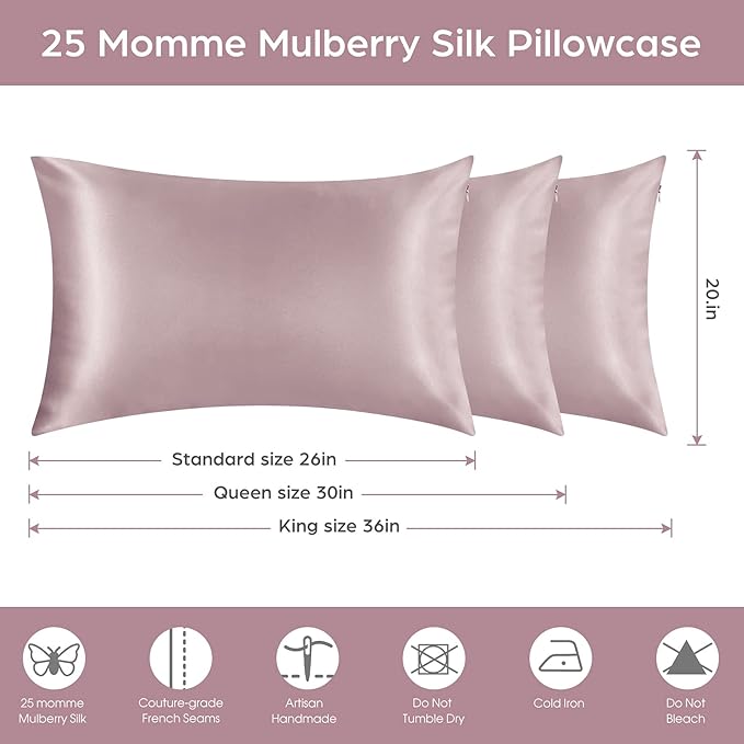 Silk Pillowcase for Hair and Skin, 2 Pack 100% Mulberry Silk Pillowcase 25 Momme, 600 Thread Count, Both Side Pure Silk Pillow Cover with Hidden Zipper (ApricotGray, Queen 20''×30'')