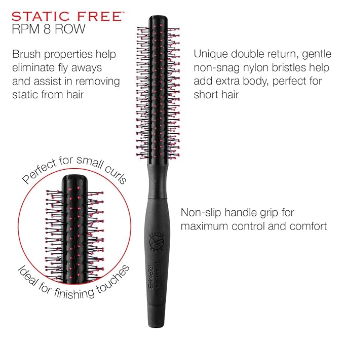 Cricket Static Free RPM 8 Row Round Hair Brush - Curling, Blow Drying, Detangling and Styling Wet or Dry, Suitable for All Hair Types