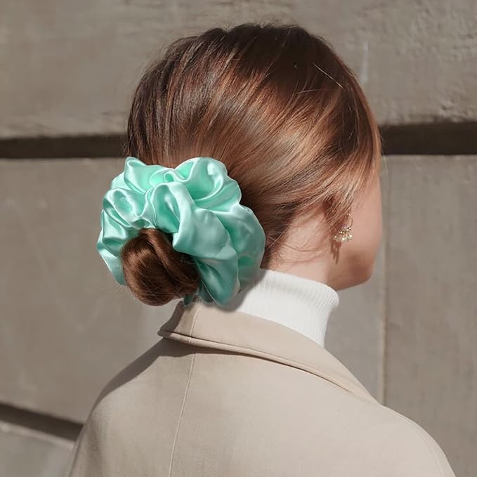 CEELGON Large Silk Satin Scrunchies - Jumbo Hair Ties for Thick Curly Hair - Pack of 6 (Green)