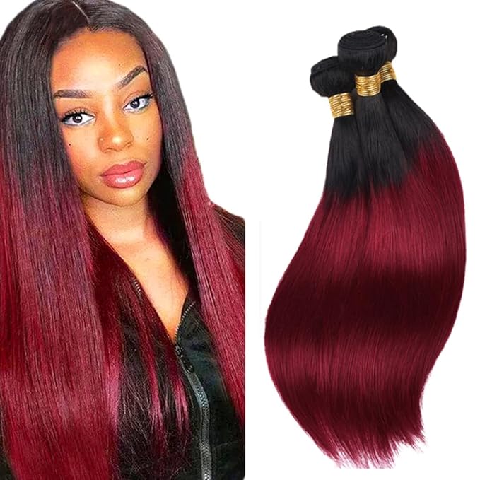 Ombre Bundles Human Hair Burgundy Straight Bundles 12 14 16 Inch Niegmeag 2 Tone Black and Red Bundle Double Weft 1B99J Straight Bundle Hair Weave 150g