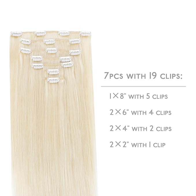 WENNALIFE Clip in Hair Extensions Real Human Hair, 22 Inch 120g 7pcs Platinum Blonde Remy Hair Double Weft Straight Natural Extensiones De Cabello Humano Con Clip Ins