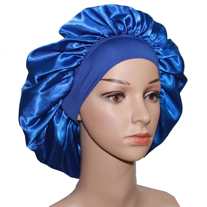 VEYRNEIC Hair Satin Bonnet for Sleeping Shower Caps Silk Chemo Caps with Wide Elastic Band Night Sleep Cap Bonnets for Black Women Braids with Satin Storage Bag (Royal Blue)