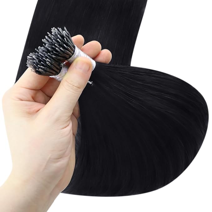 YoungSee Nano Ring Hair Extensions Black Nano Hair Extensions Human Hair Jet Black Nano-Bead Human Hair Extension Long Nano-Tip Hair 18in Nanolink Hair Extension 50s 50g for Daily